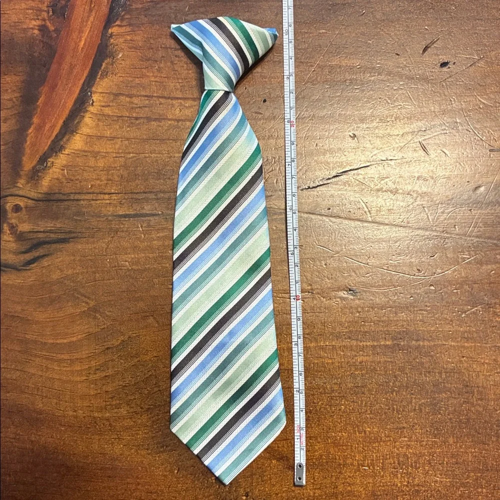 Boys green and blue and black striped neck tie clip on style